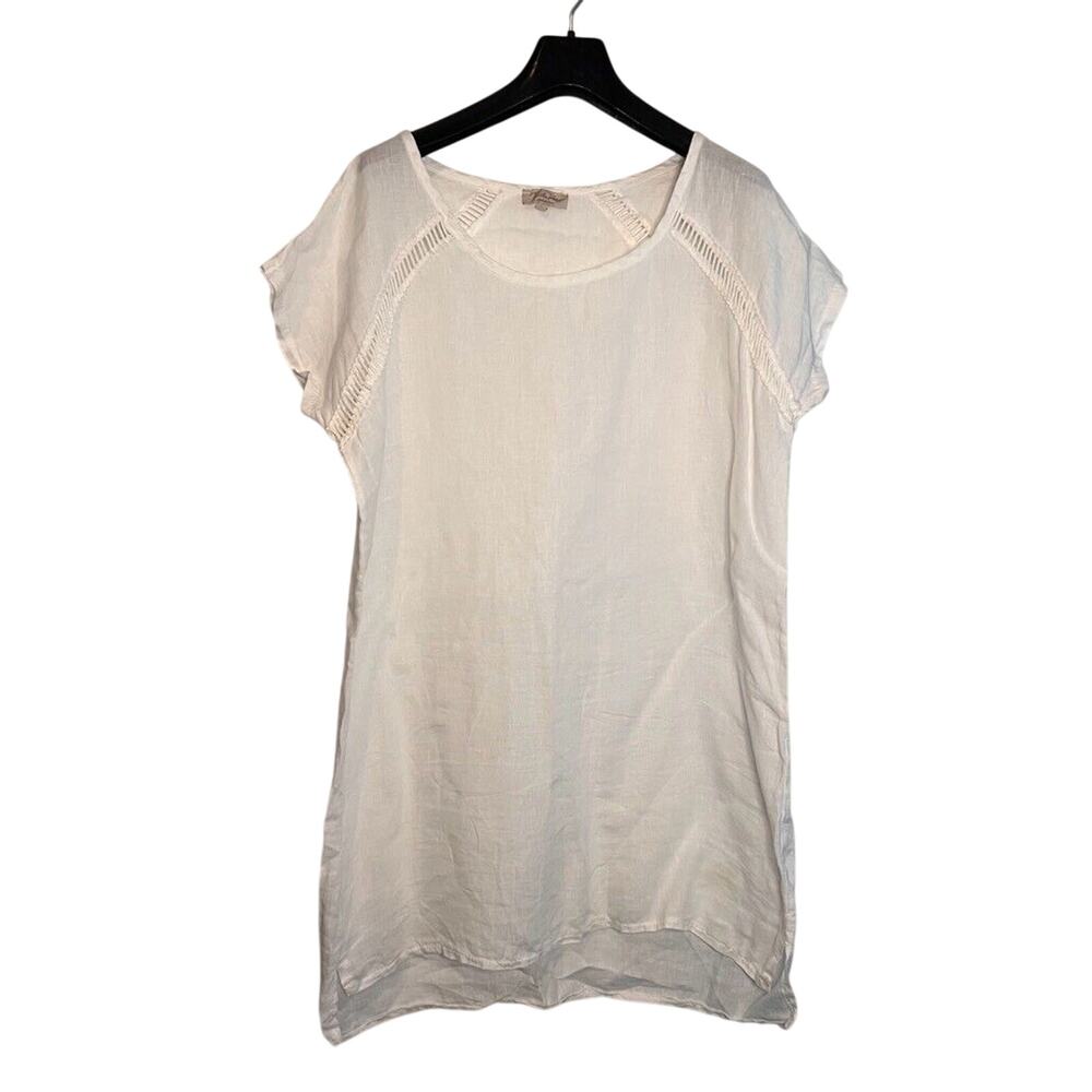 Bella Umbra Dress White Short Sleeve Scoop Neck Slit Lace Linen Italy LARGE